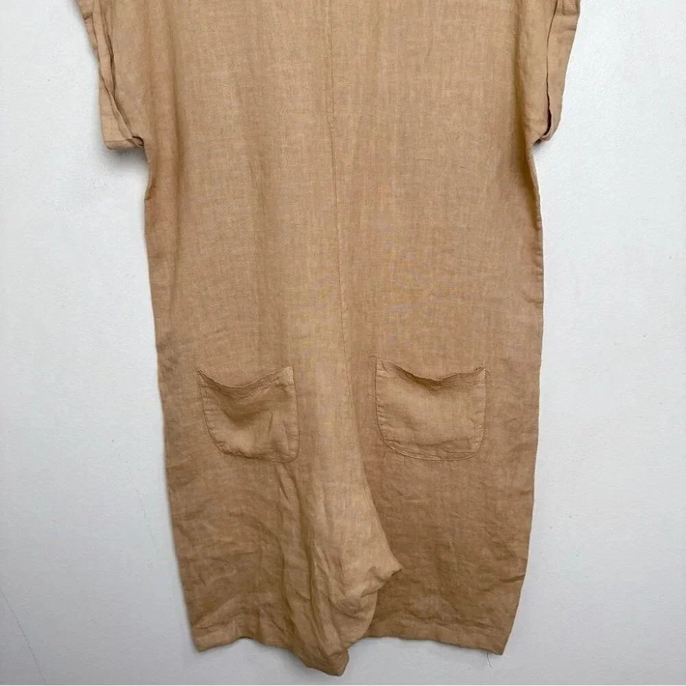 Made  In Italy Womens Medium Linen Vneck Button Tan Romper - Picture 12 of 13
